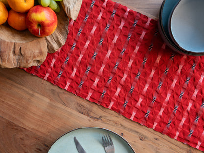 Japanese ceremonial silk table runner in crimson Shijira-ori three-dimensional weave — Renaras atelier
