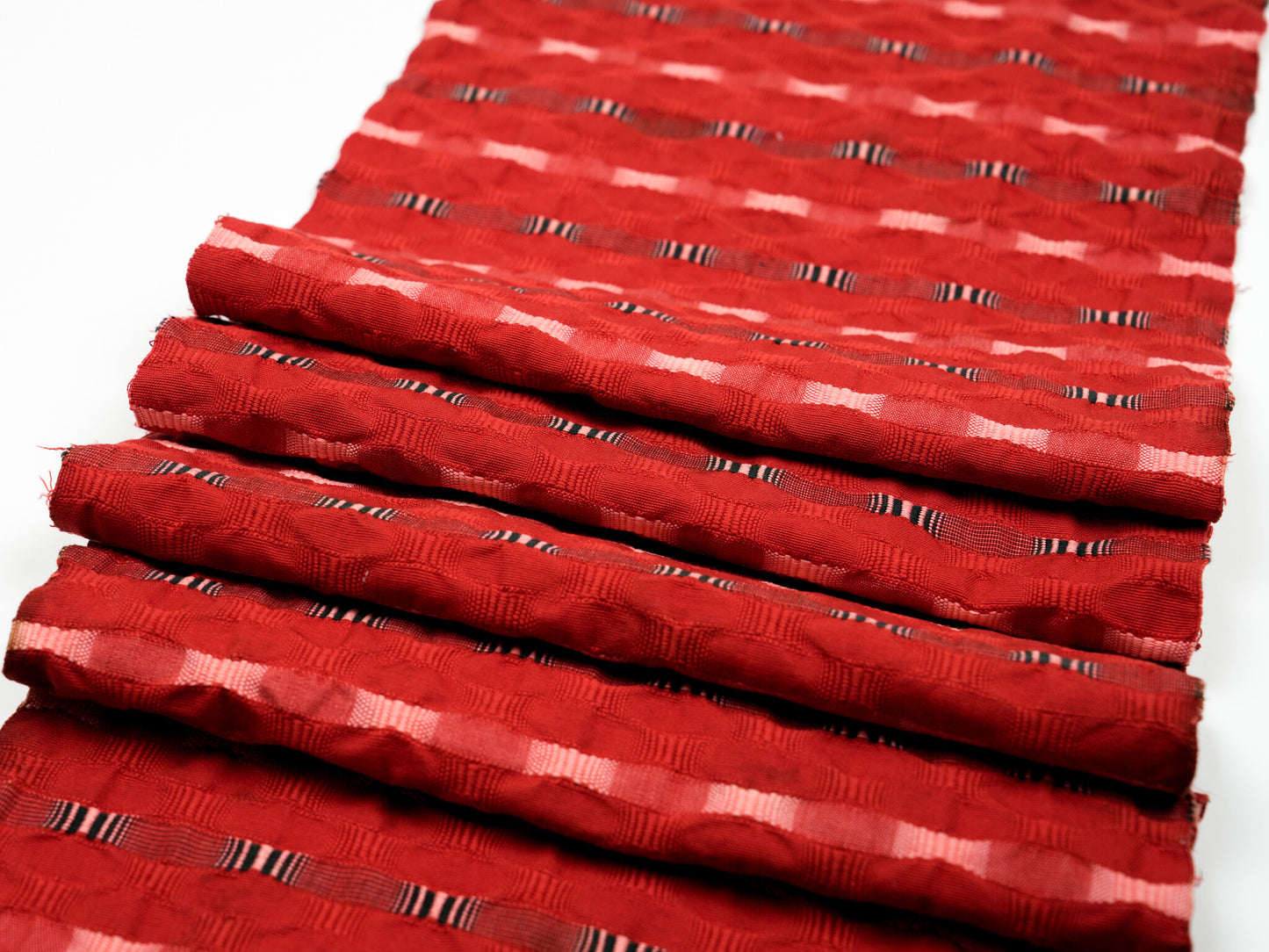 The Kurenai-Shijira | Vintage Japanese 3D Silk Table Runner in Crimson, Shijira-Ori Weave