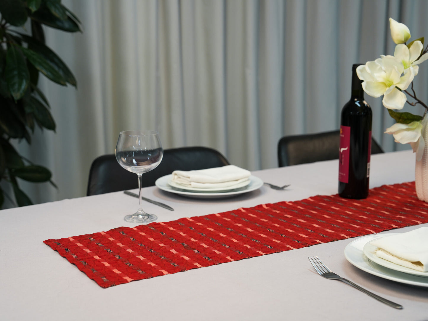 The Kurenai-Shijira | Vintage Japanese 3D Silk Table Runner in Crimson, Shijira-Ori Weave