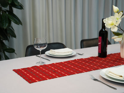 Japanese ceremonial silk table runner in crimson Shijira-ori three-dimensional weave — Renaras atelier