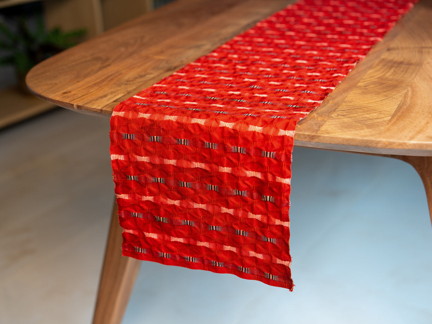 The Kurenai-Shijira | Vintage Japanese 3D Silk Table Runner in Crimson, Shijira-Ori Weave