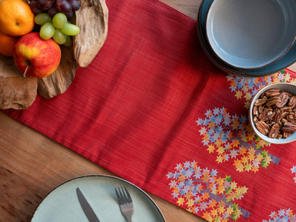 Japanese ceremonial silk table runner with momiji maple forest in crimson and multicolour — Renaras atelier