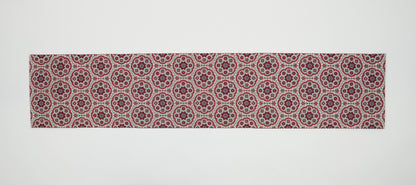 Japanese ceremonial silk table runner with karabana rosette in crimson and silver — Renaras atelier