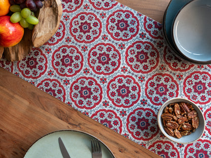 Japanese ceremonial silk table runner with karabana rosette in crimson and silver — Renaras atelier