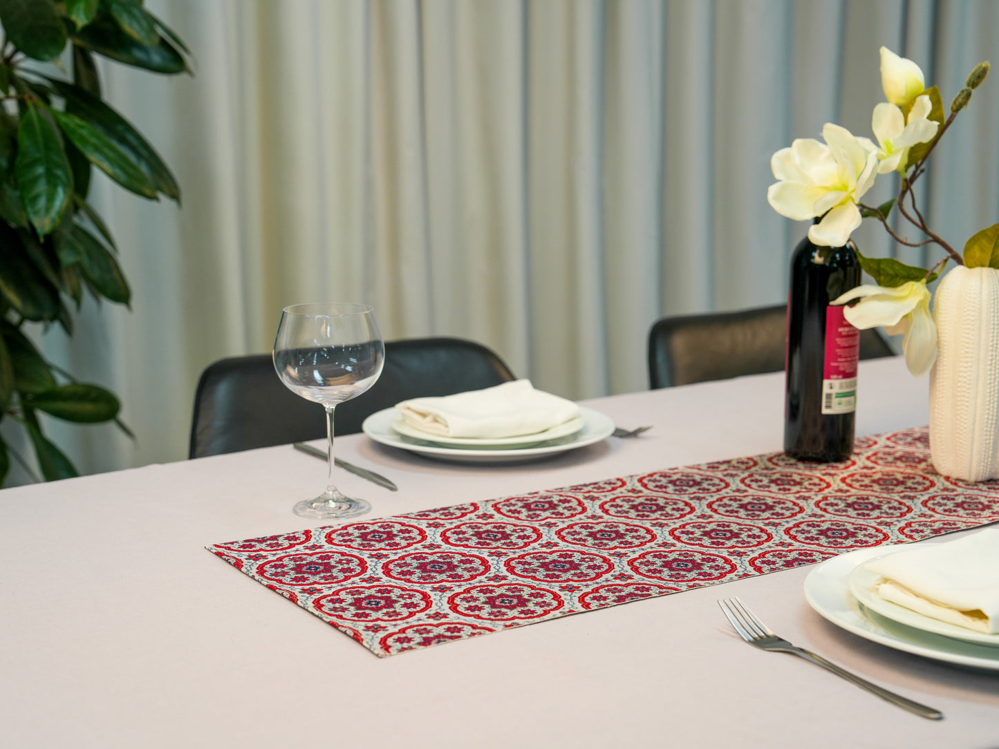 Japanese ceremonial silk table runner with karabana rosette in crimson and silver — Renaras atelier