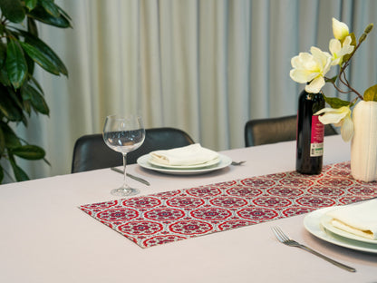 Japanese ceremonial silk table runner with karabana rosette in crimson and silver — Renaras atelier