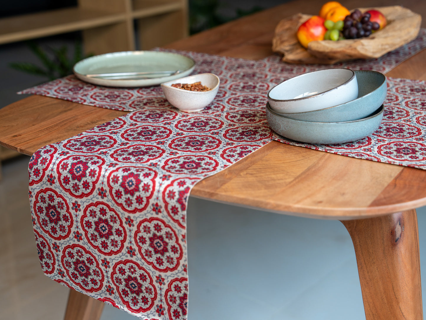 Japanese ceremonial silk table runner with karabana rosette in crimson and silver — Renaras atelier