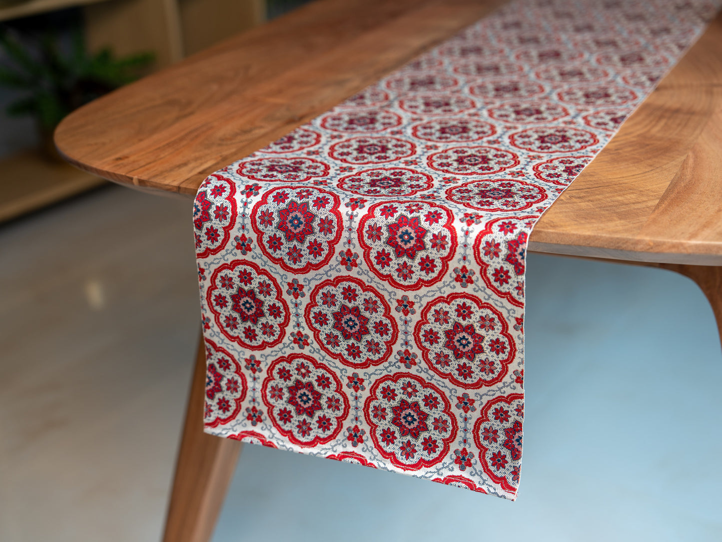Japanese ceremonial silk table runner with karabana rosette in crimson and silver — Renaras atelier