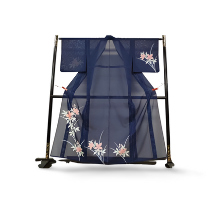 Japanese ceremonial silk Ro Hōmongi in midnight indigo with floral sprays — Renaras atelier