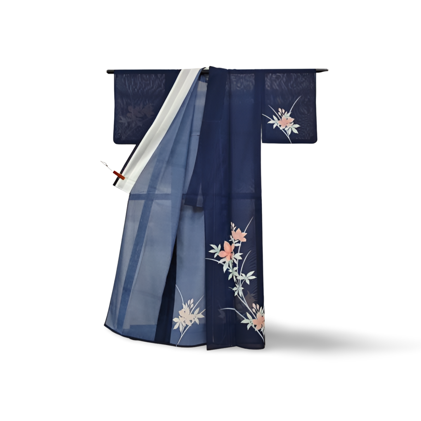 Japanese ceremonial silk Ro Hōmongi in midnight indigo with floral sprays — Renaras atelier