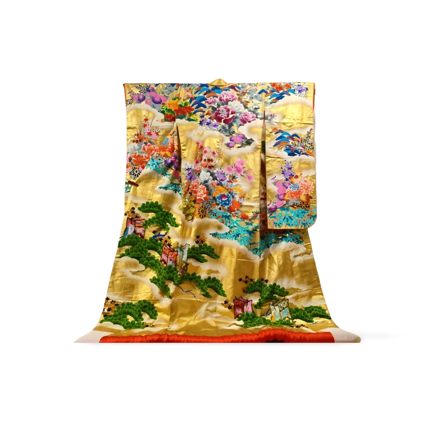 Japanese ceremonial silk Uchikake with hand-painted pine on gold lacquer — Renaras atelier
