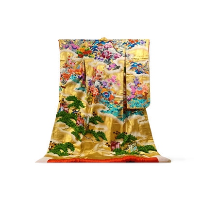 Japanese ceremonial silk Uchikake with hand-painted pine on gold lacquer — Renaras atelier