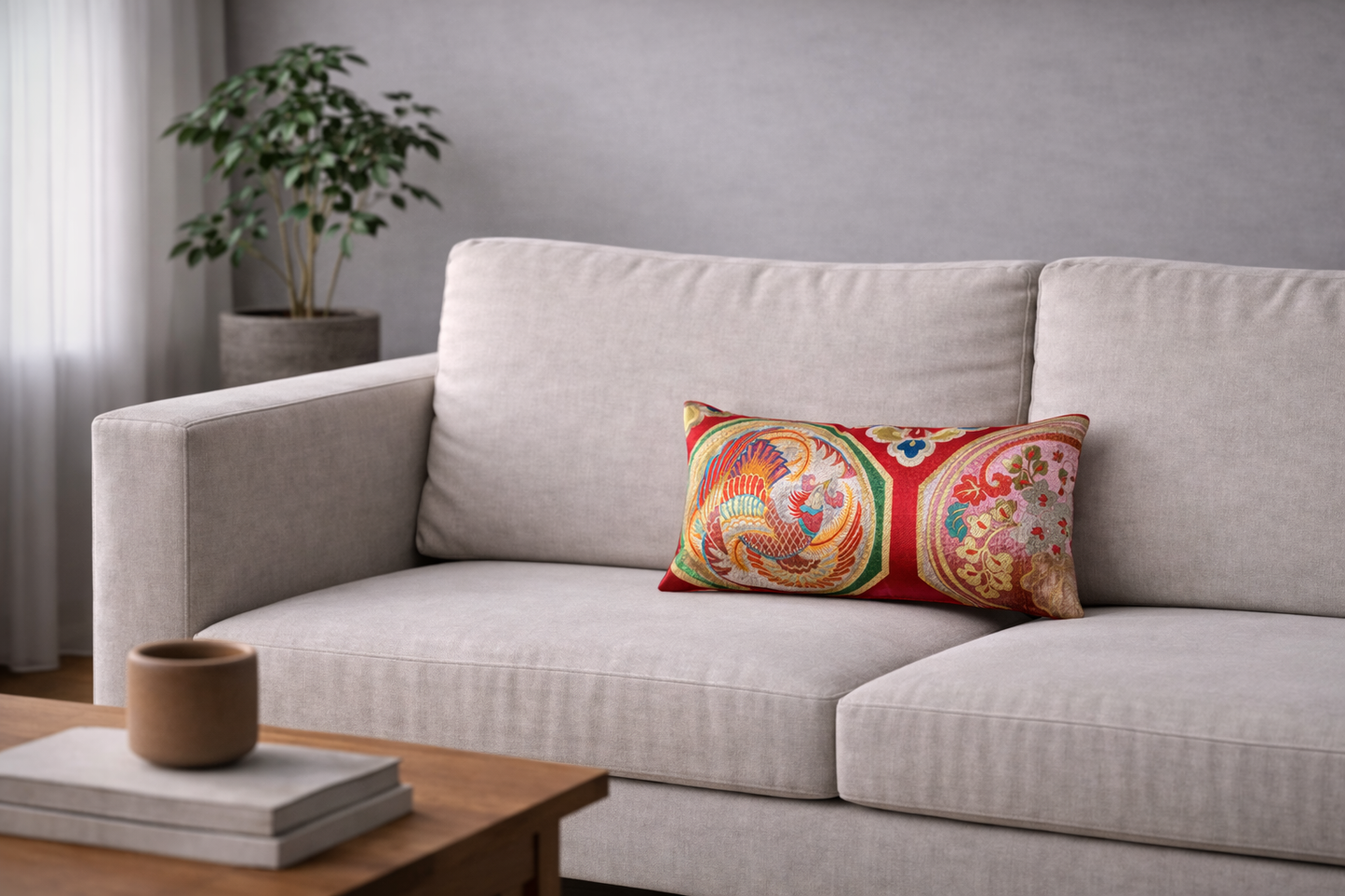 Renaras The Fuchsia Ho-o Ascension — Japanese Silk Lumbar Pillow, Fuchsia Gold Phoenix Obi — Japanese silk pillow cover view 4
