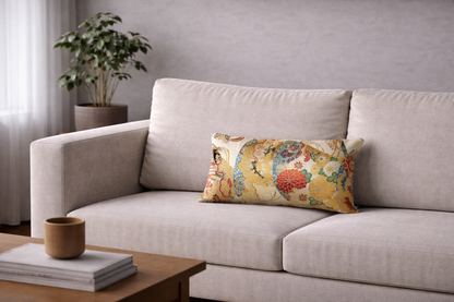 Japanese ceremonial silk lumbar pillow with ogi folding fan in cream and gold — Renaras atelier