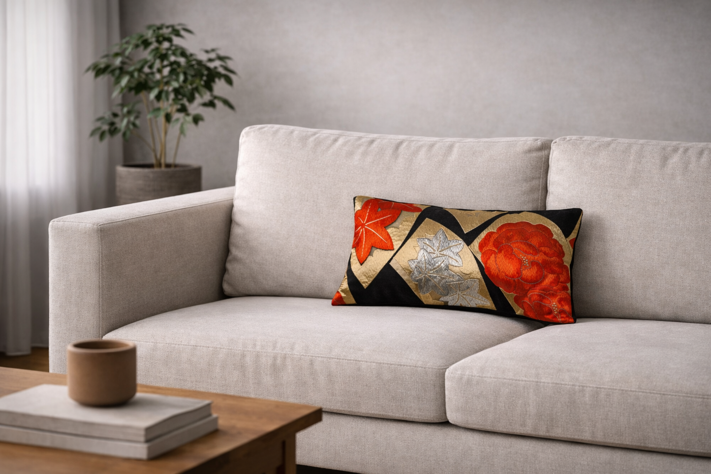 Renaras The Imperial Ogi Nocturne — Japanese Silk Lumbar Pillow, Black Gold Fan Momiji Maple Obi — Japanese silk pillow cover view 4