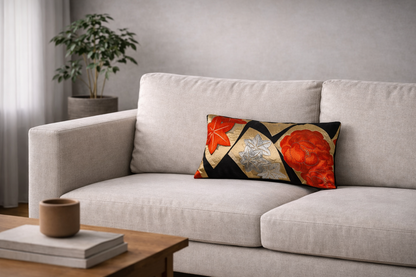 Japanese ceremonial silk lumbar pillow with ogi fan and momiji maple in black and gold — Renaras atelier
