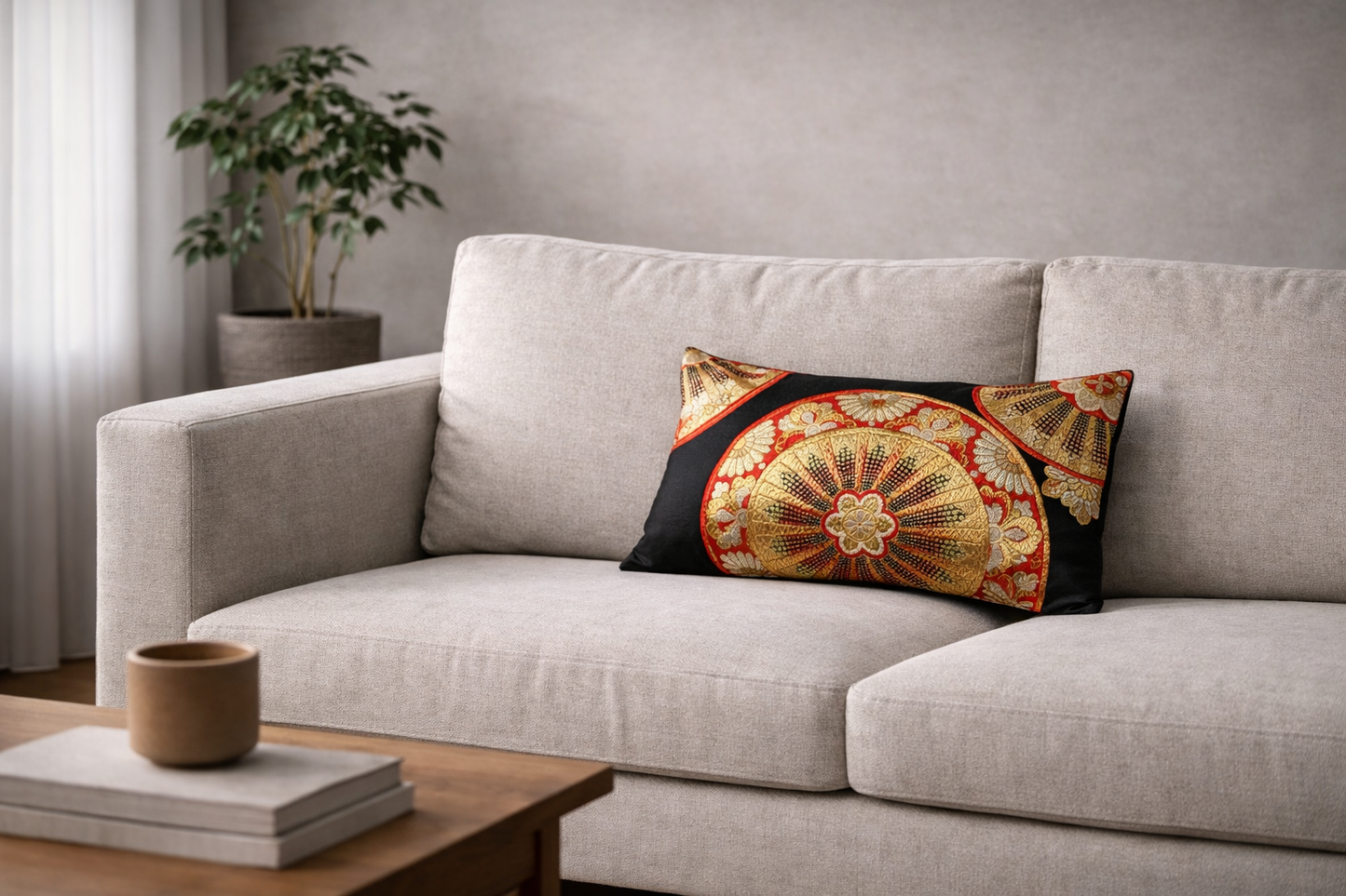 Japanese ceremonial silk lumbar pillow with genji-guruma carriage wheel in black and gold — Renaras atelier