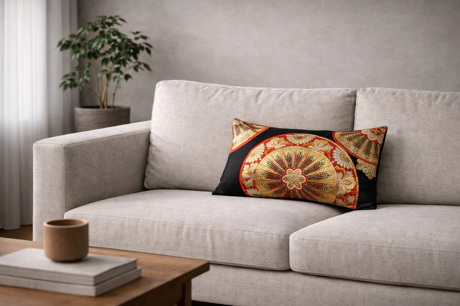 Japanese ceremonial silk lumbar pillow with genji-guruma carriage wheel in black and gold — Renaras atelier