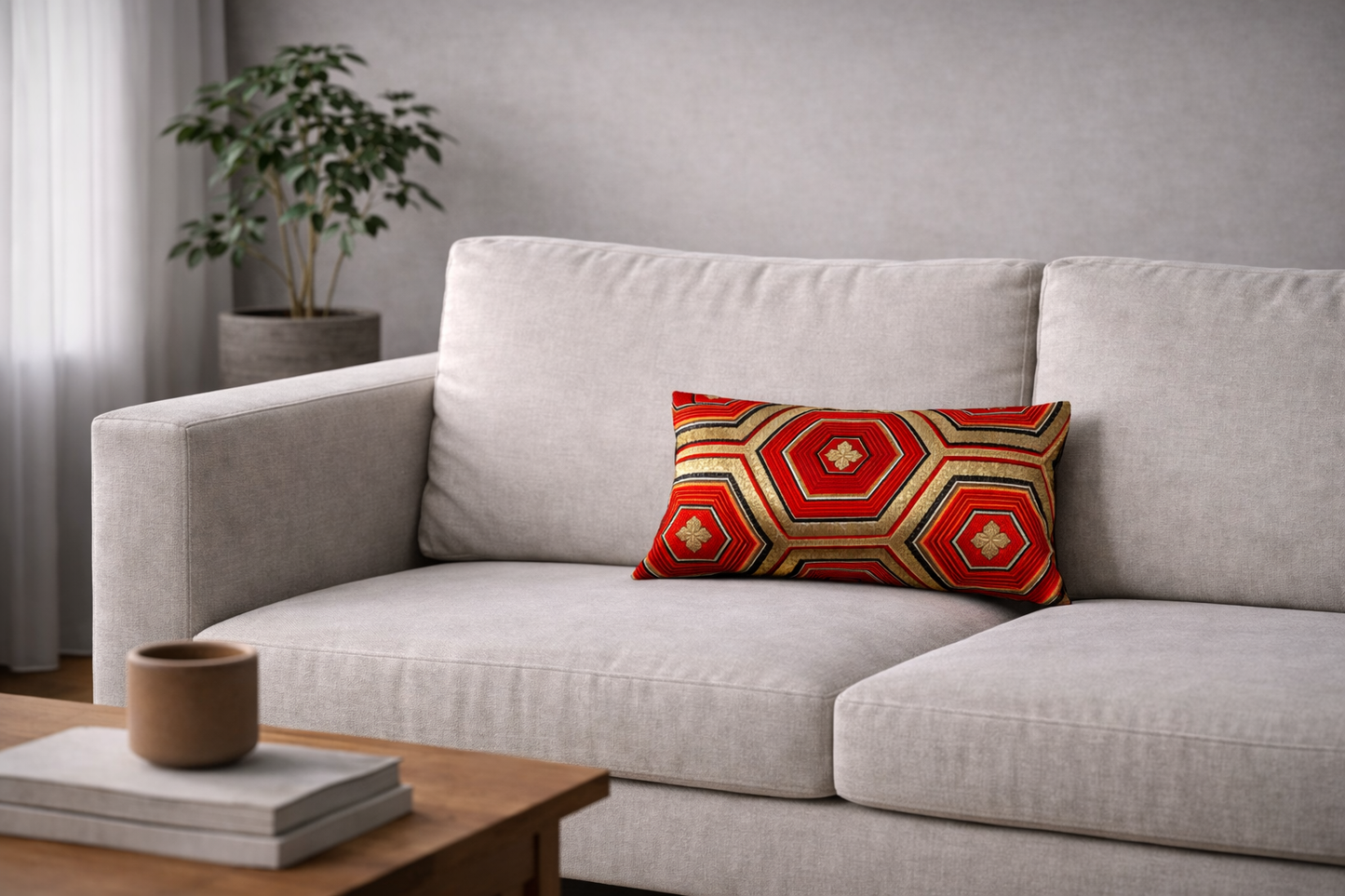 Japanese ceremonial silk lumbar pillow with kikkō hexagon in black, red and gold — Renaras atelier