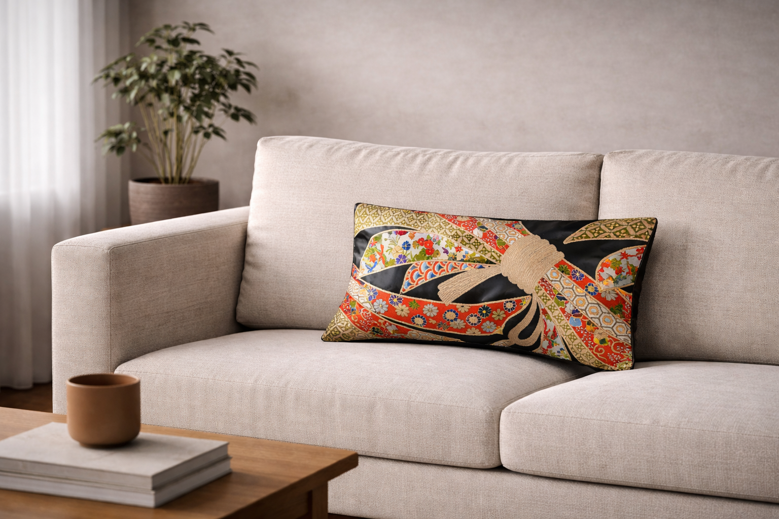 Renaras The Noir Noshi Ceremonial — Japanese Silk Lumbar Pillow, Black Gold Noshi Knot Obi — Japanese silk pillow cover view 4