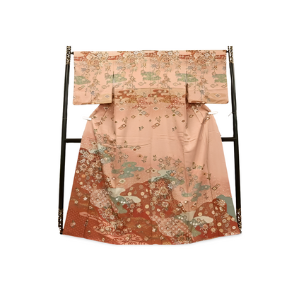 Japanese ceremonial silk Hōmongi with phoenix and gold leaf on terracotta — Renaras atelier