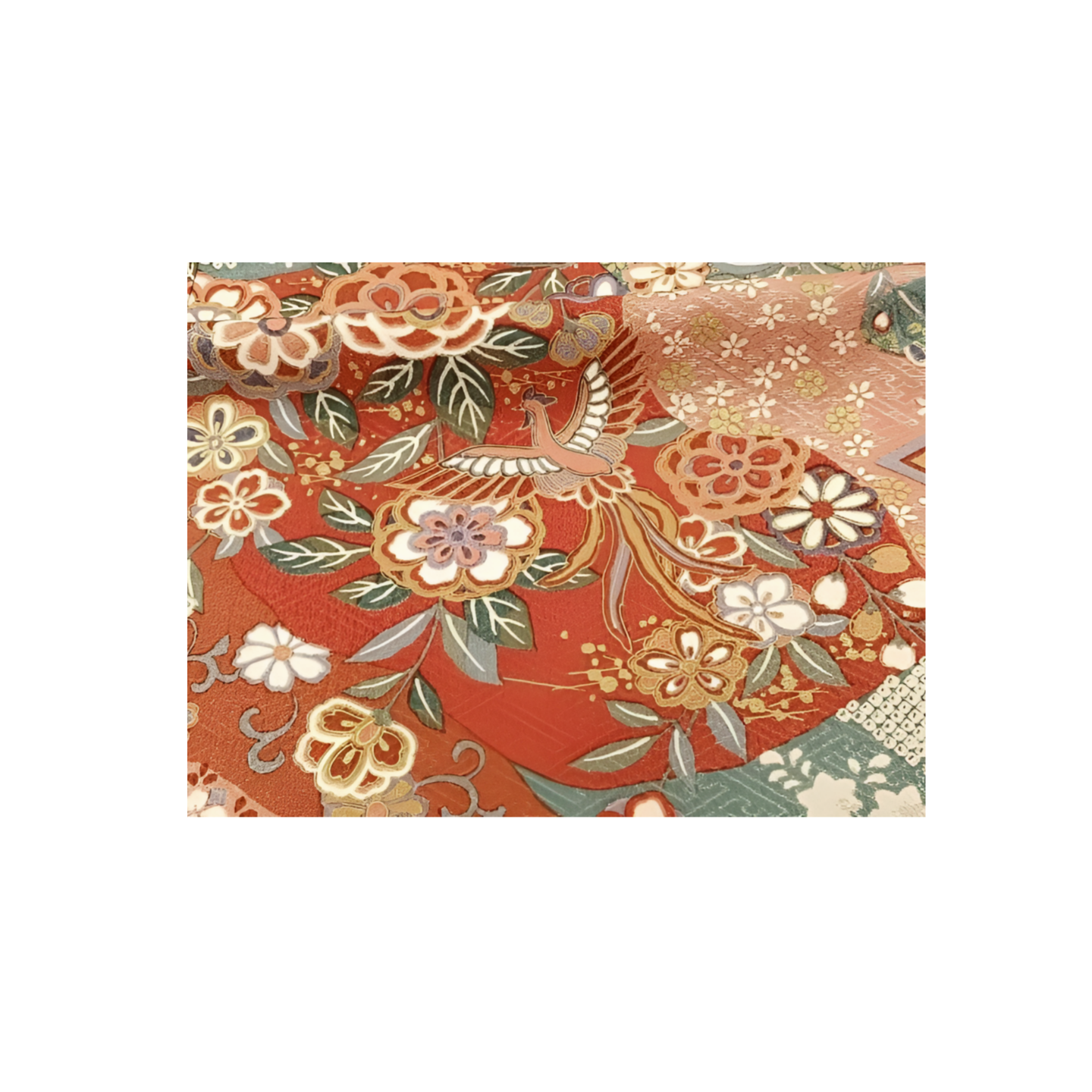 Japanese ceremonial silk Hōmongi with phoenix and gold leaf on terracotta — Renaras atelier