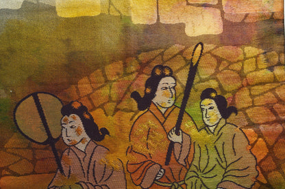 Japanese ceremonial silk wall tapestry with court figures on gold and rust — Renaras atelier