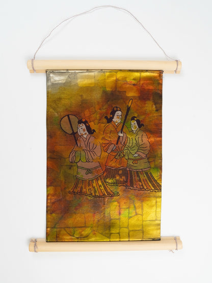 Japanese ceremonial silk wall tapestry with court figures on gold and rust — Renaras atelier