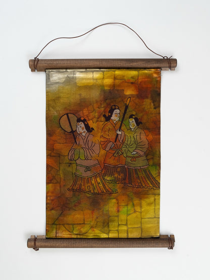 Japanese ceremonial silk wall tapestry with court figures on gold and rust — Renaras atelier