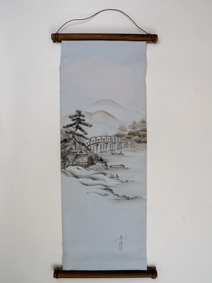 Japanese ceremonial silk wall tapestry with ink-wash bridge landscape in blue-grey — Renaras atelier