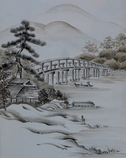 Japanese ceremonial silk wall tapestry with ink-wash bridge landscape in blue-grey — Renaras atelier