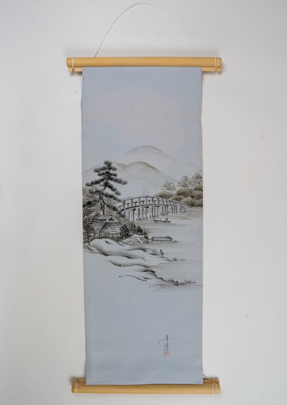 Japanese ceremonial silk wall tapestry with ink-wash bridge landscape in blue-grey — Renaras atelier