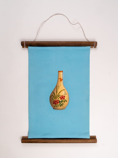Japanese ceremonial silk wall tapestry with gold gourd vase on azure — Renaras atelier