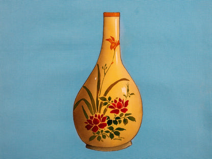 Japanese ceremonial silk wall tapestry with gold gourd vase on azure — Renaras atelier