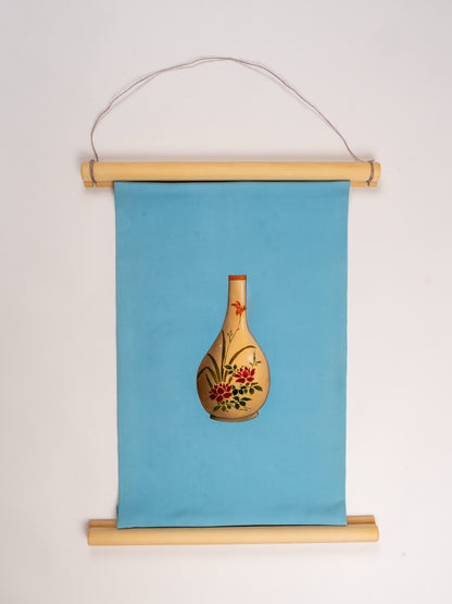 Japanese ceremonial silk wall tapestry with gold gourd vase on azure — Renaras atelier
