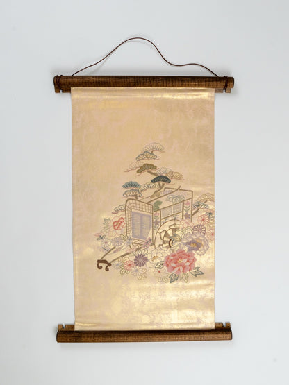 Japanese ceremonial silk wall tapestry with imperial carriage and chrysanthemum on champagne gold — Renaras atelier