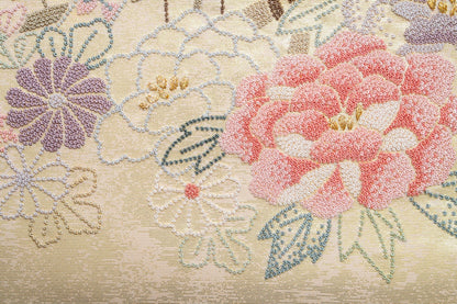 Japanese ceremonial silk wall tapestry with imperial carriage and chrysanthemum on champagne gold — Renaras atelier
