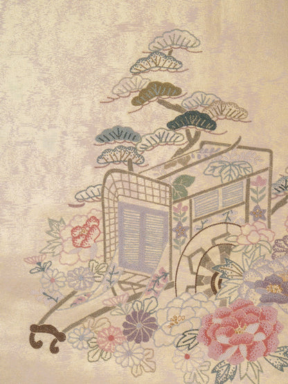Japanese ceremonial silk wall tapestry with imperial carriage and chrysanthemum on champagne gold — Renaras atelier