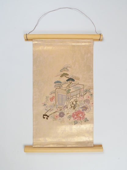 Japanese ceremonial silk wall tapestry with imperial carriage and chrysanthemum on champagne gold — Renaras atelier