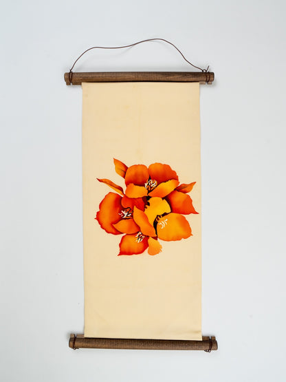 Japanese ceremonial silk wall tapestry with red spider lily on pale gold — Renaras atelier