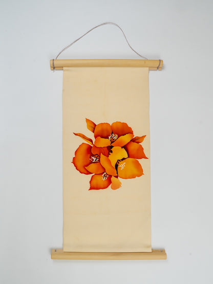 Japanese ceremonial silk wall tapestry with red spider lily on pale gold — Renaras atelier