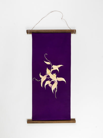 Japanese ceremonial silk wall tapestry with white orchid on imperial purple — Renaras atelier