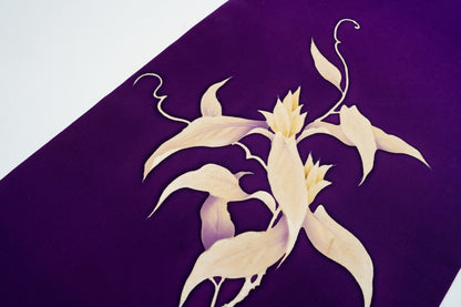 Japanese ceremonial silk wall tapestry with white orchid on imperial purple — Renaras atelier