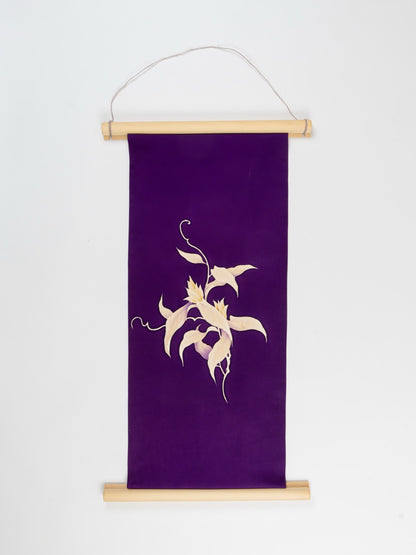 Japanese ceremonial silk wall tapestry with white orchid on imperial purple — Renaras atelier
