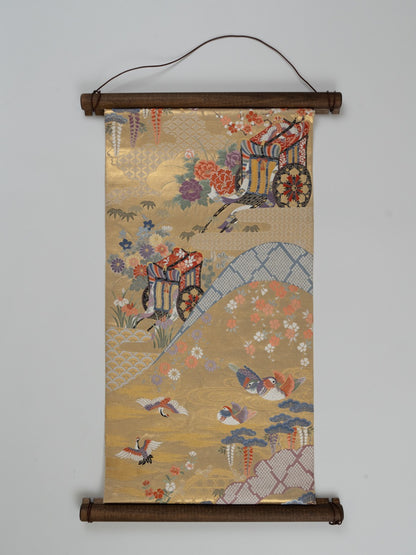 Japanese ceremonial silk wall tapestry with mandarin ducks and imperial carriage in gold — Renaras atelier