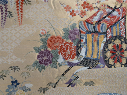 Japanese ceremonial silk wall tapestry with mandarin ducks and imperial carriage in gold — Renaras atelier