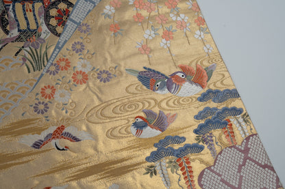 Japanese ceremonial silk wall tapestry with mandarin ducks and imperial carriage in gold — Renaras atelier