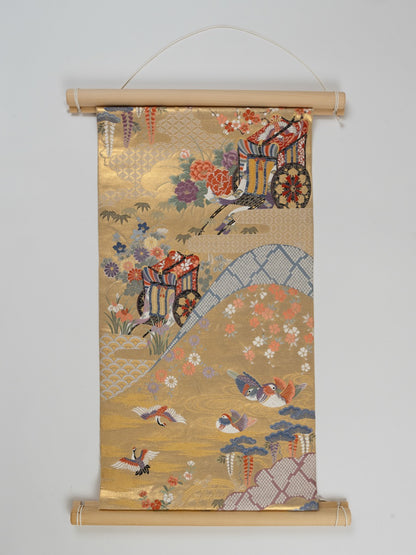 Japanese ceremonial silk wall tapestry with mandarin ducks and imperial carriage in gold — Renaras atelier