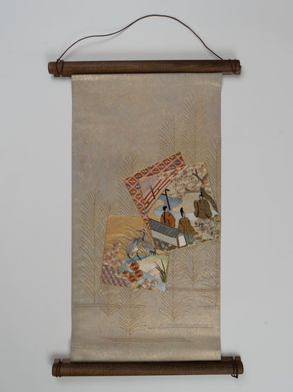 Japanese ceremonial silk wall tapestry with court vignettes in pale gold — Renaras atelier