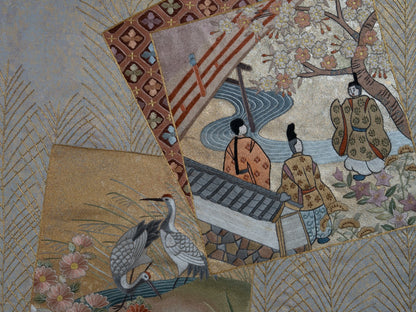 Japanese ceremonial silk wall tapestry with court vignettes in pale gold — Renaras atelier